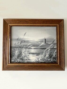 Vintage Midnight Lighthouse Seascape Oil/Acrylic on Wood Panel Signed K. Blin